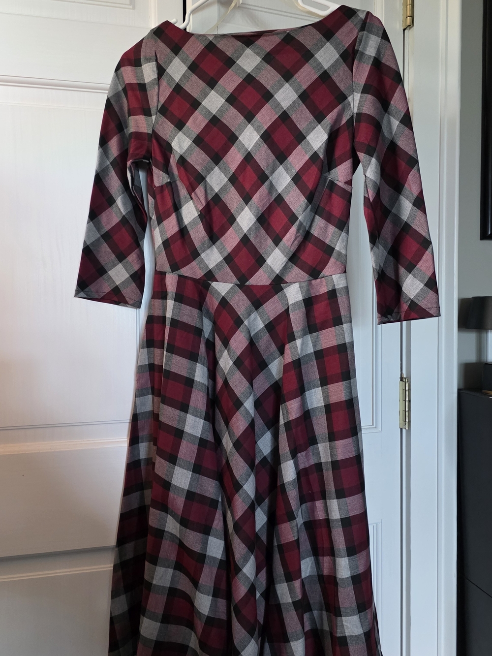 Unique Vintage Burgundy and Gray Plaid Fit-and-Flare Dress